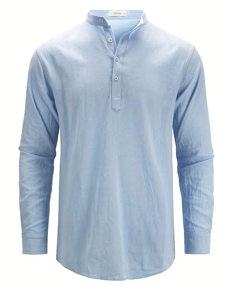 Men's Cotton Mandarin Collar Long Sleeve Solid Color Shirt