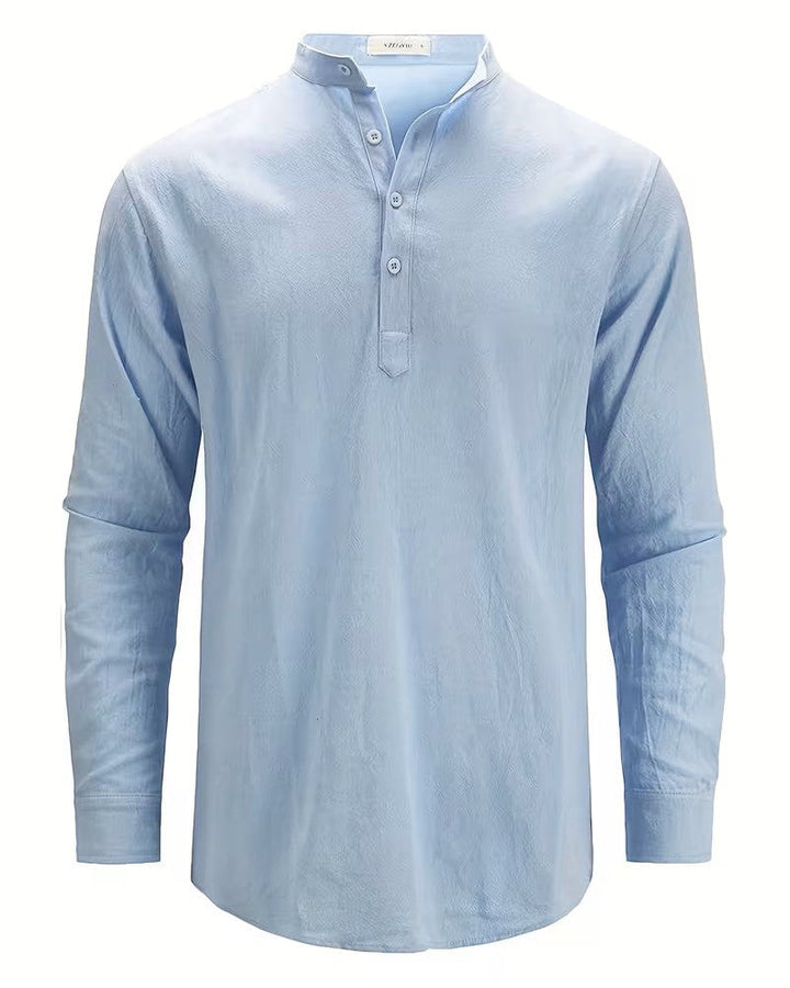 Men's Cotton Mandarin Collar Long Sleeve Solid Color Shirt
