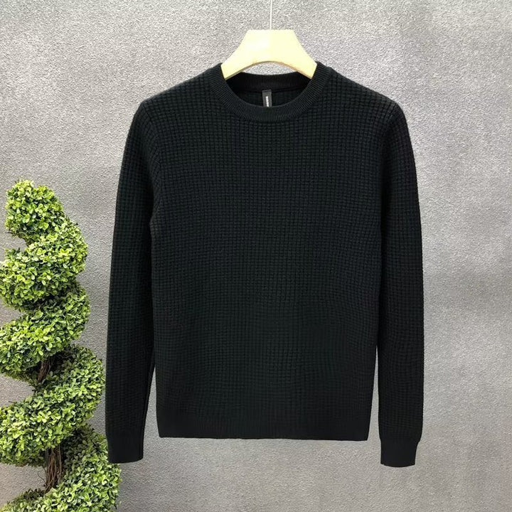 Maglione nero a maglia fine su appendiabiti, sfondo grigio, pianta decorativa a sinistra. Elegante, casual, moda uomo, abbigliamento invernale.