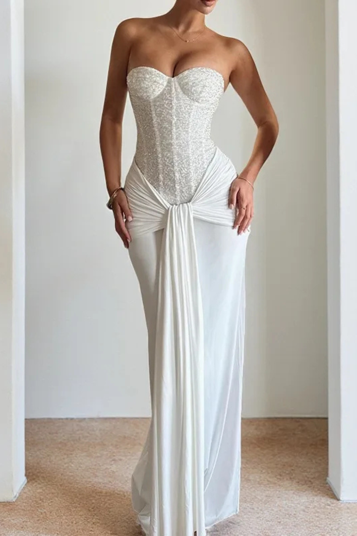 Women's Lace Corset Strapless Draped Wedding Guest Maxi Dress