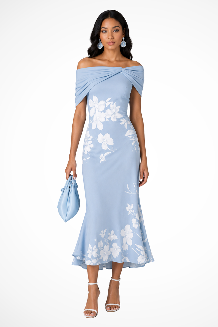 Women's Off-Shoulder Floral Print Wedding Guest Midi Dress