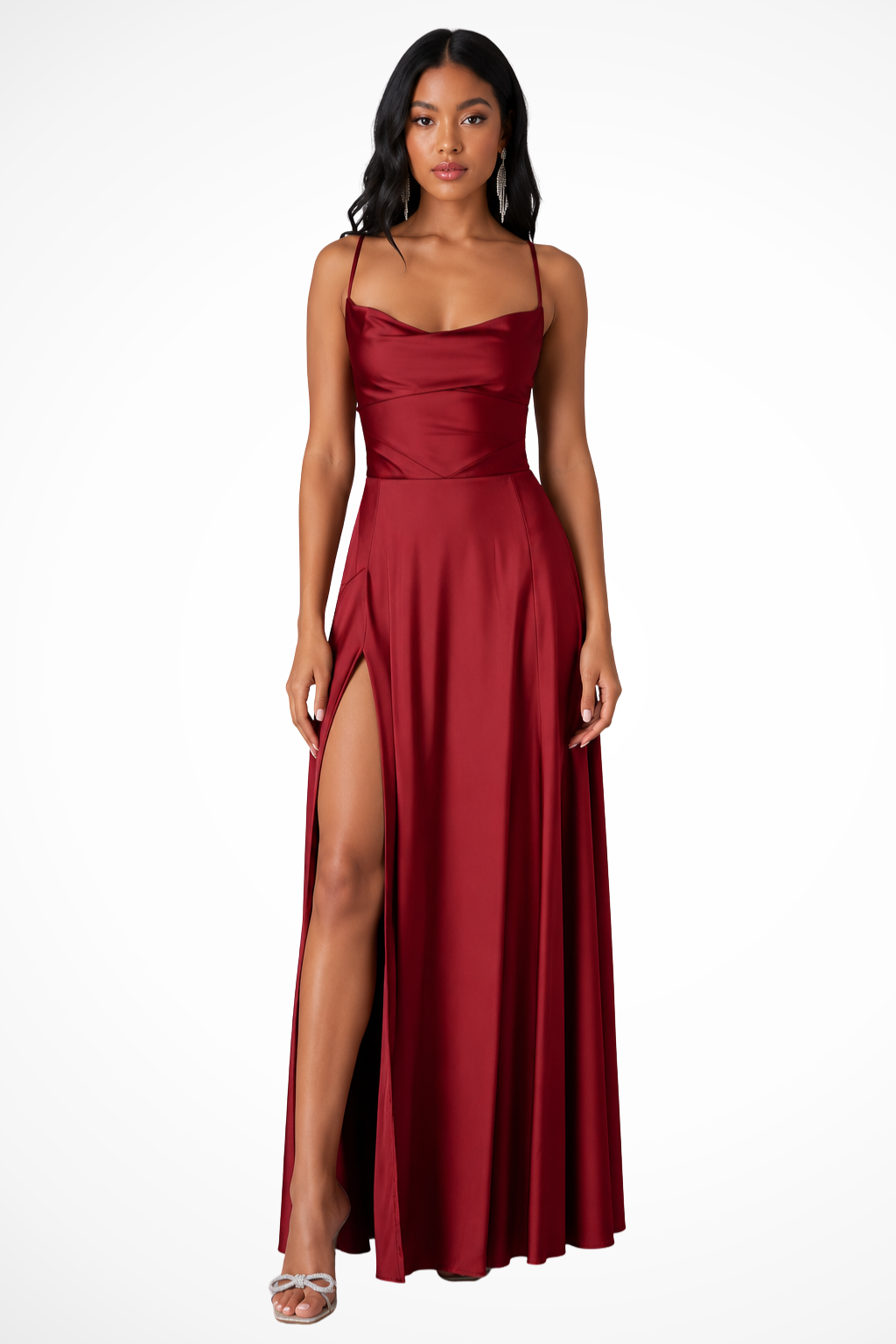 Women Cowl Neck Side Slit Wedding Guest Satin Maxi Dress