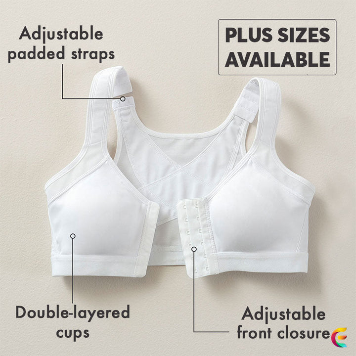 Model draagt Comfy Sport Beha met verstelbare ondersteuning 1+1 Gratis wit met Rits sluiting aan de voorkant