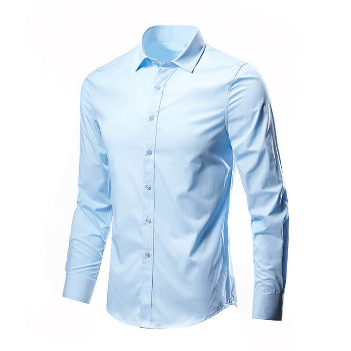 Camicia azzurra da uomo a maniche lunghe, elegante e moderna, perfetta per ufficio o eventi formali. Tessuto leggero e confortevole.