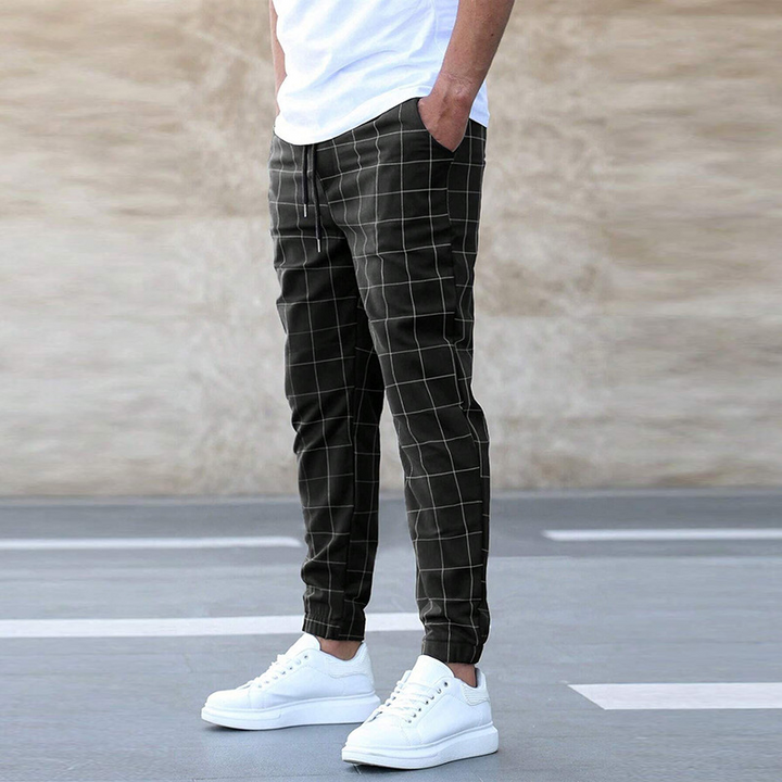 Men's Slim Fit Trousers Check Pattern Stretch Fabric