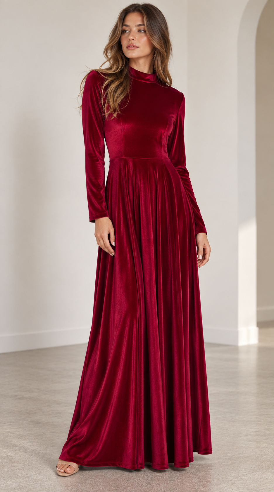 A-Line Long-Sleeve Velvet Midi Wedding Guest Dress