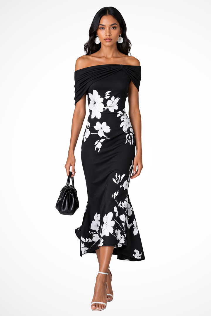 Women's Off-Shoulder Floral Print Wedding Guest Midi Dress