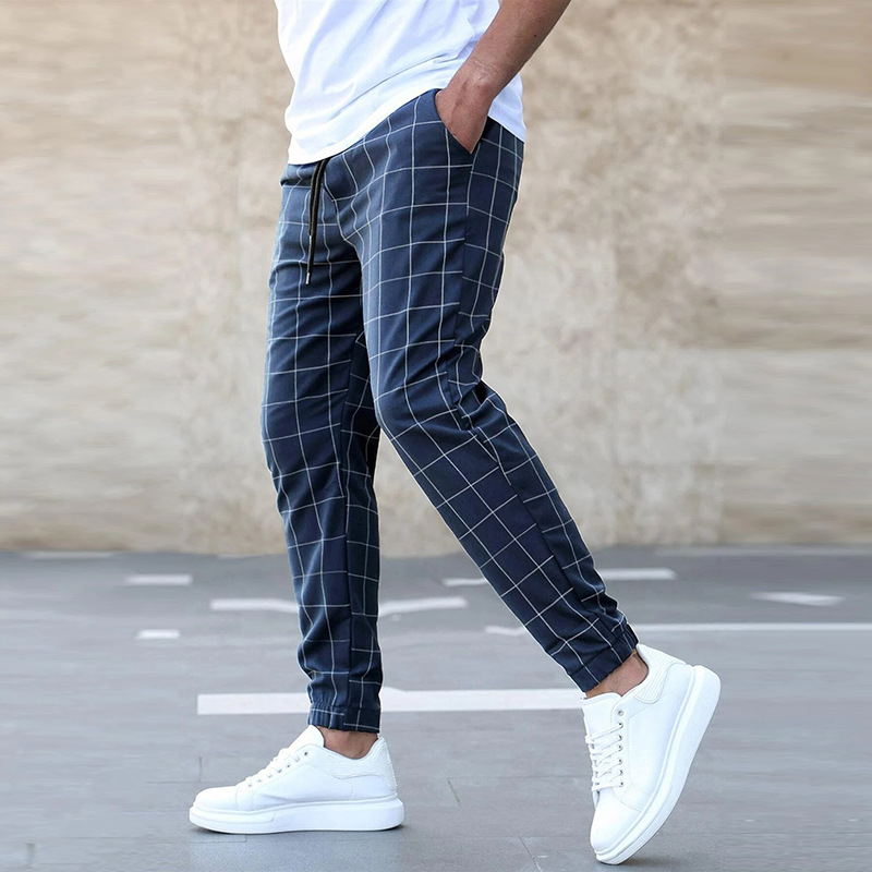 Men's Slim Fit Trousers Check Pattern Stretch Fabric