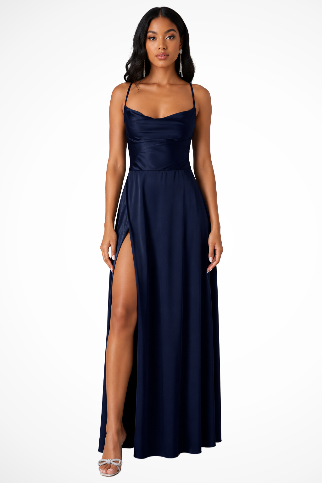 Women Cowl Neck Side Slit Wedding Guest Satin Maxi Dress