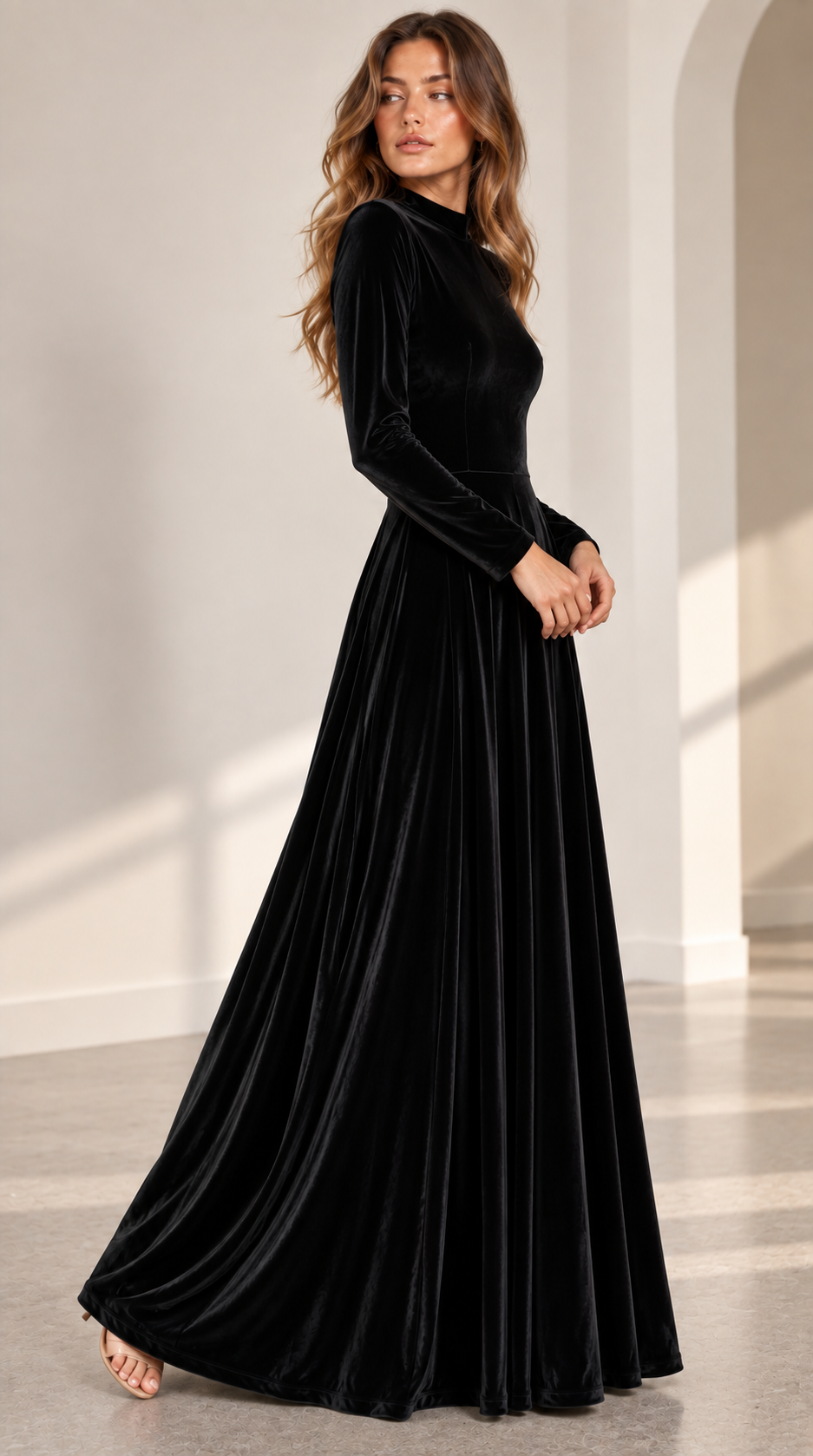 A-Line Long-Sleeve Velvet Midi Wedding Guest Dress
