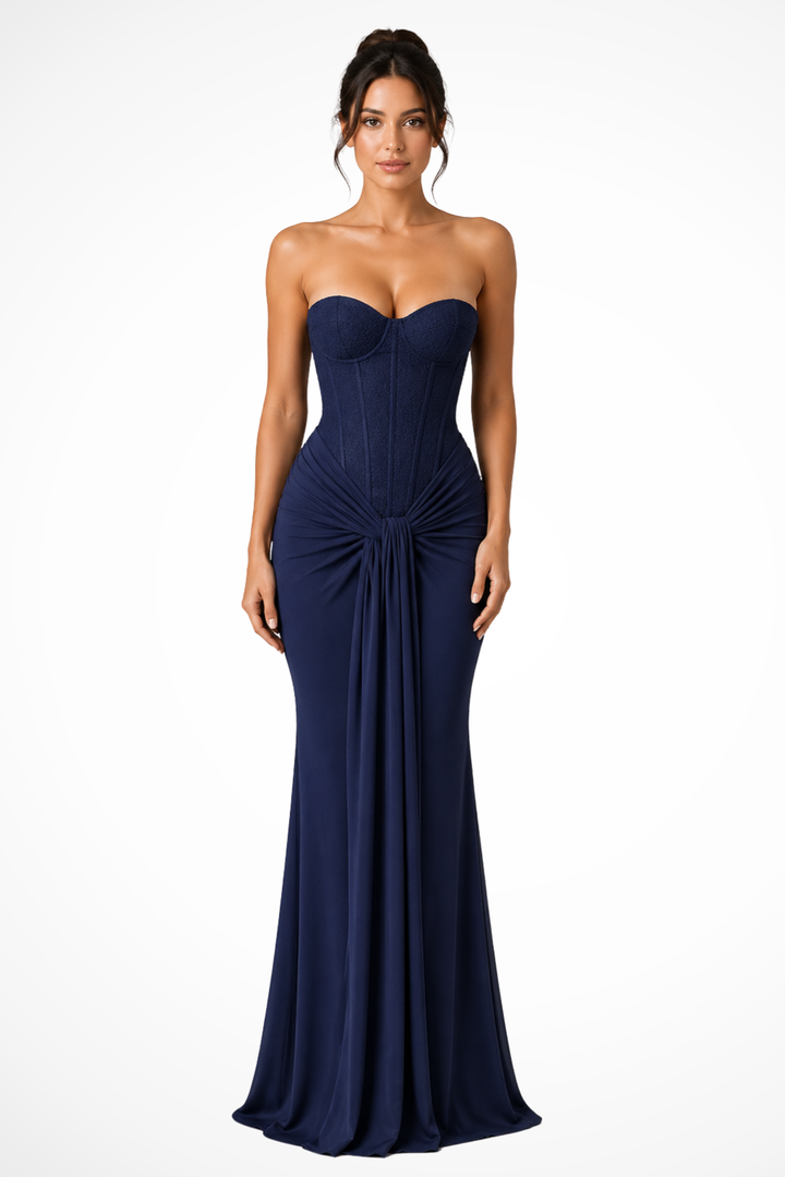 Women's Lace Corset Strapless Draped Wedding Guest Maxi Dress