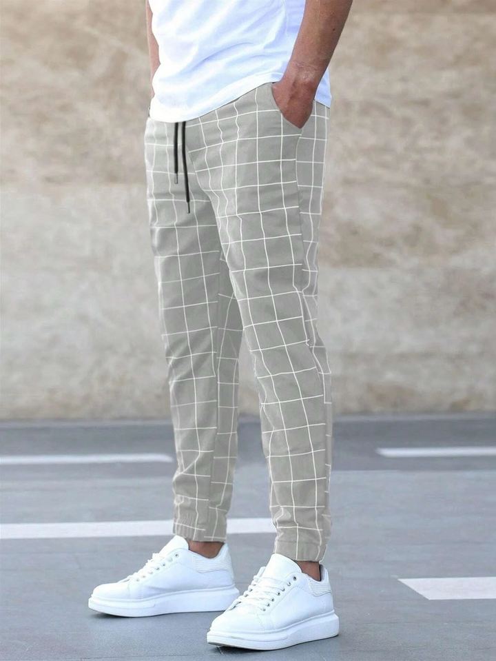 Men's Slim Fit Trousers Check Pattern Stretch Fabric