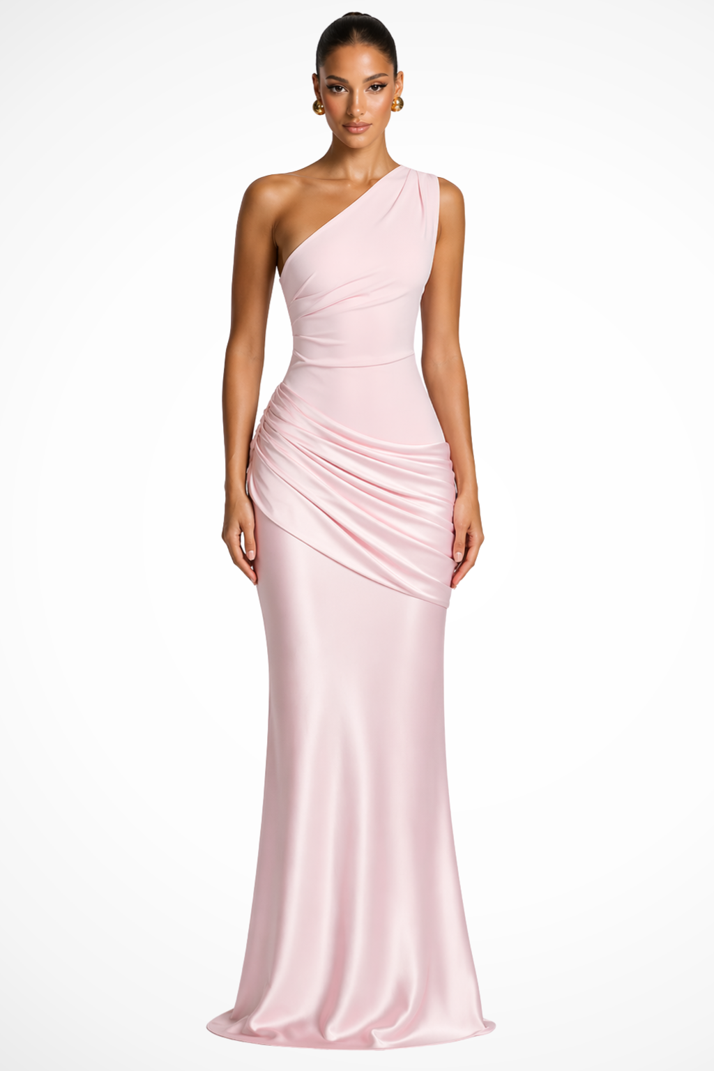 Women's One Shoulder Ruched Wedding Guest Satin Maxi Dress