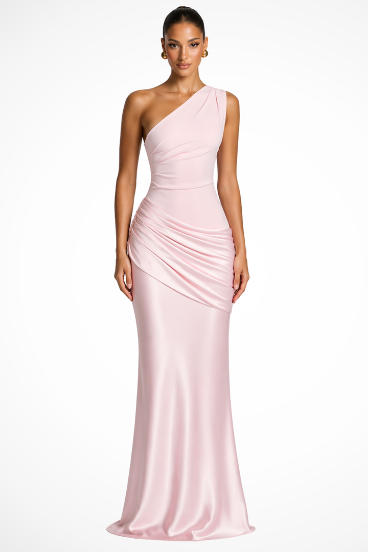 Women's One Shoulder Ruched Wedding Guest Satin Maxi Dress