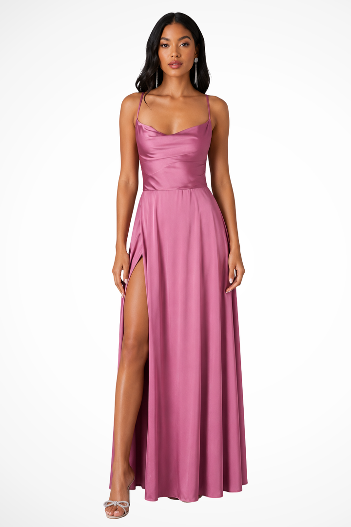 Women Cowl Neck Side Slit Wedding Guest Satin Maxi Dress