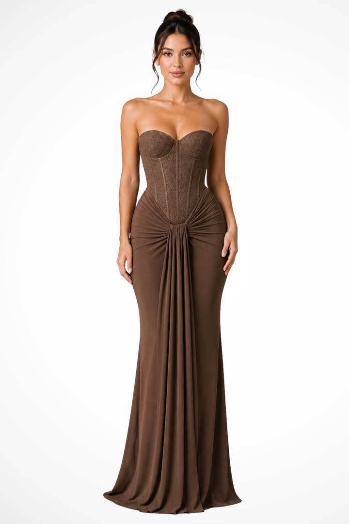 Women's Lace Corset Strapless Draped Wedding Guest Maxi Dress