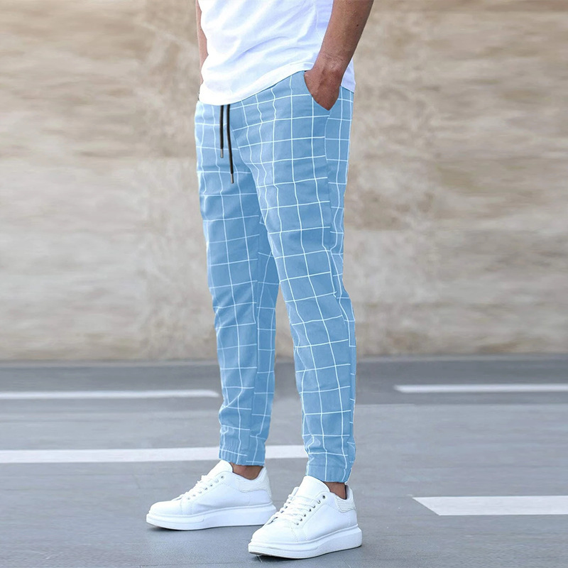 Men's Slim Fit Trousers Check Pattern Stretch Fabric