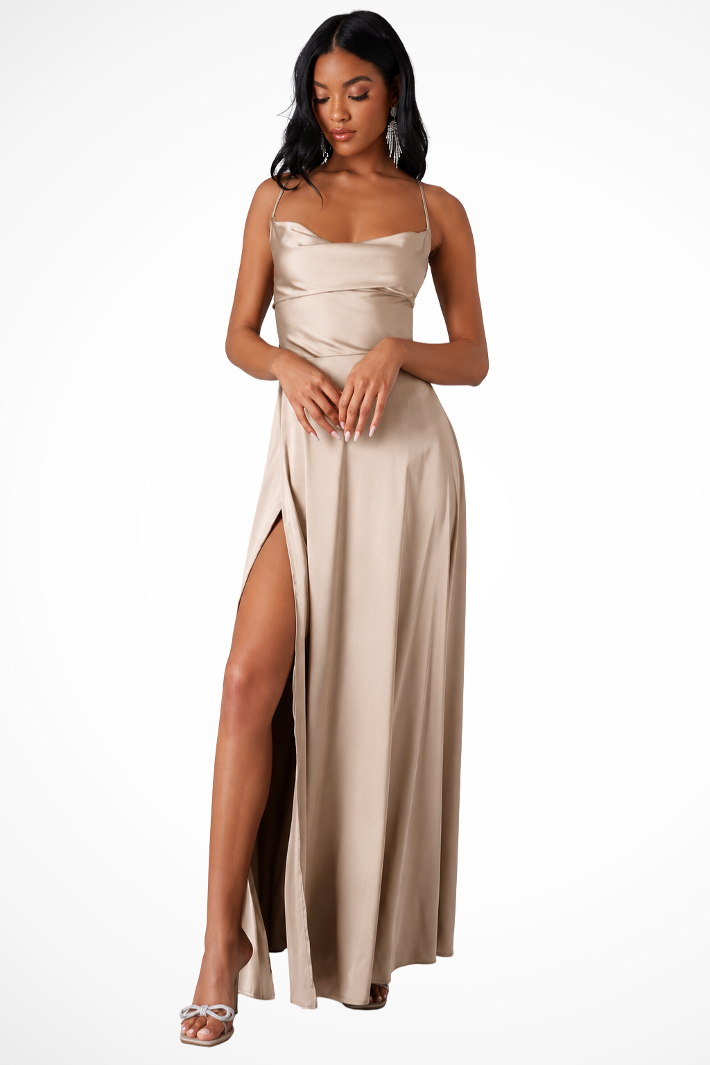 Women Cowl Neck Side Slit Wedding Guest Satin Maxi Dress