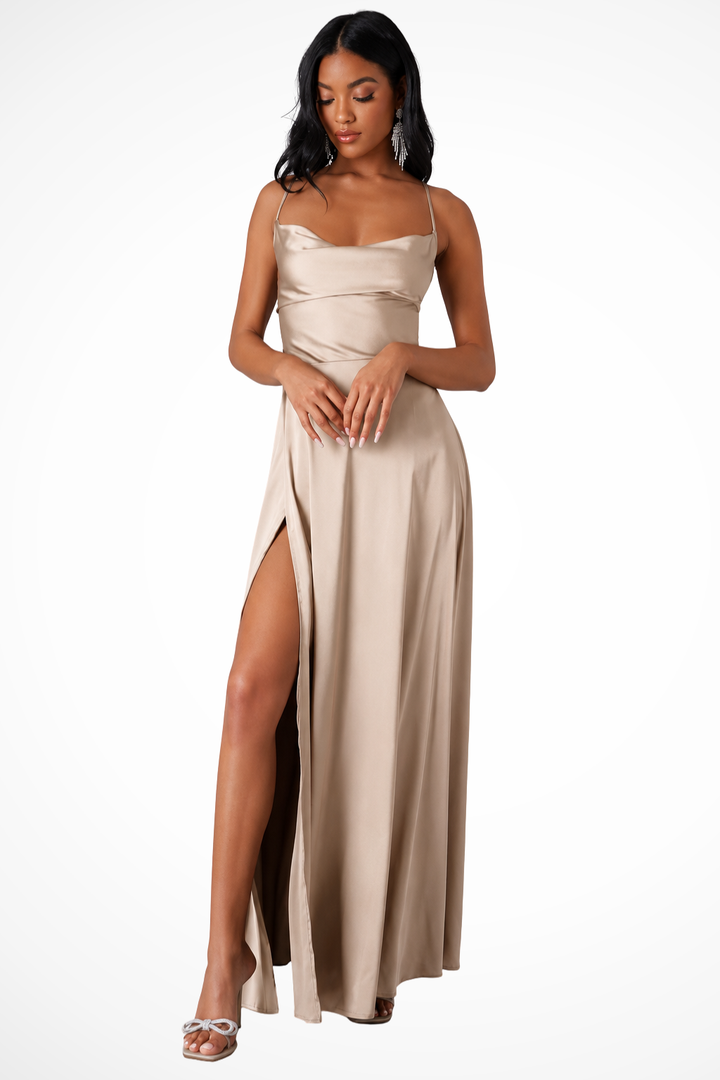Women Cowl Neck Side Slit Wedding Guest Satin Maxi Dress