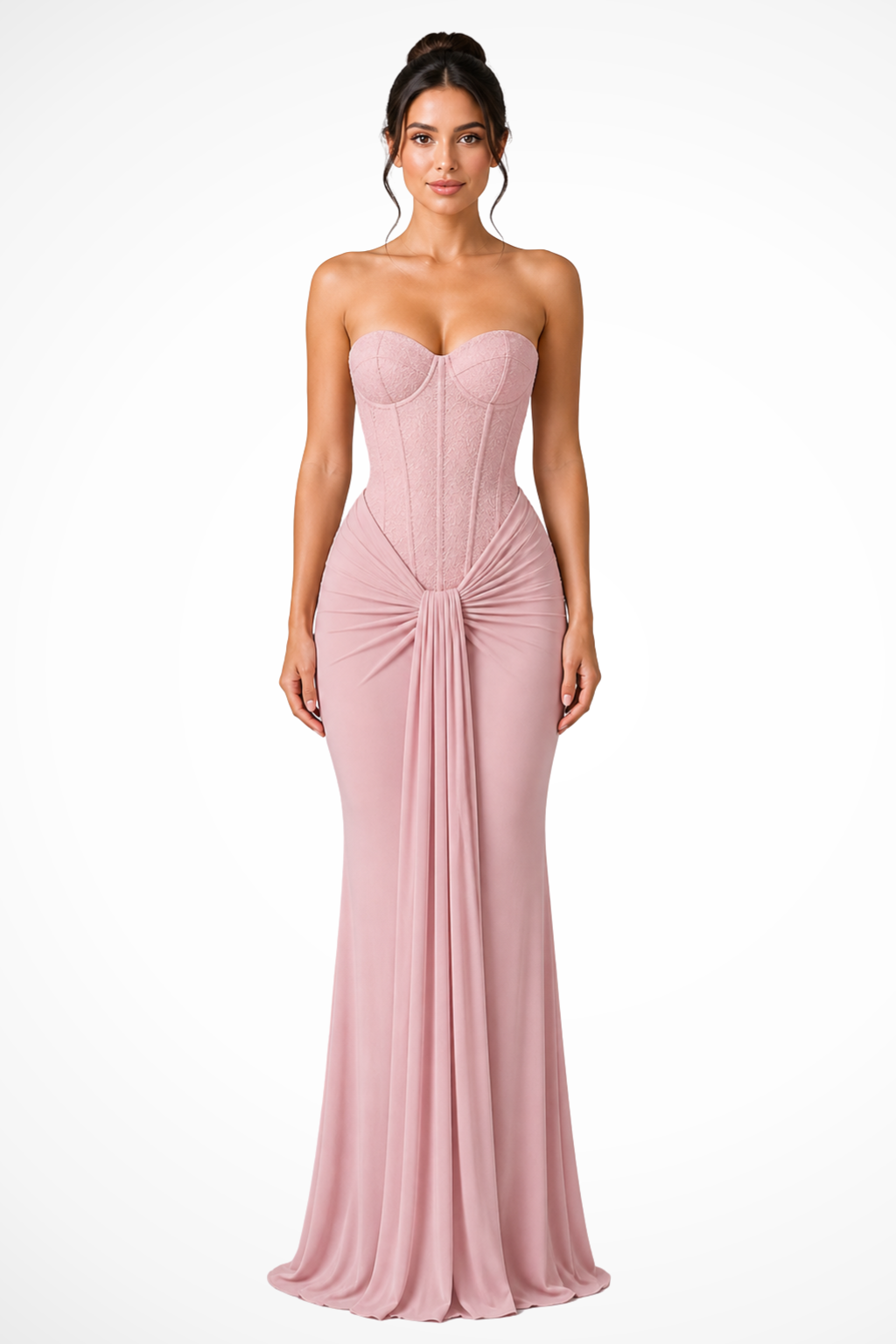Women's Lace Corset Strapless Draped Wedding Guest Maxi Dress