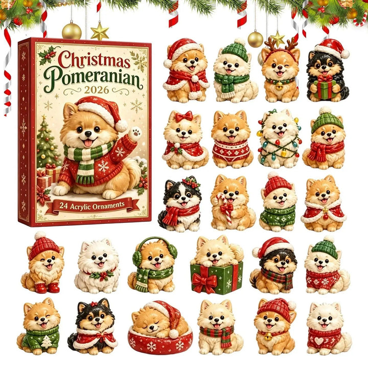 Dog Advent Calendar 2026, 24-day Christmas countdown with 24 pieces of cute 2D acrylic dog tree ornaments
