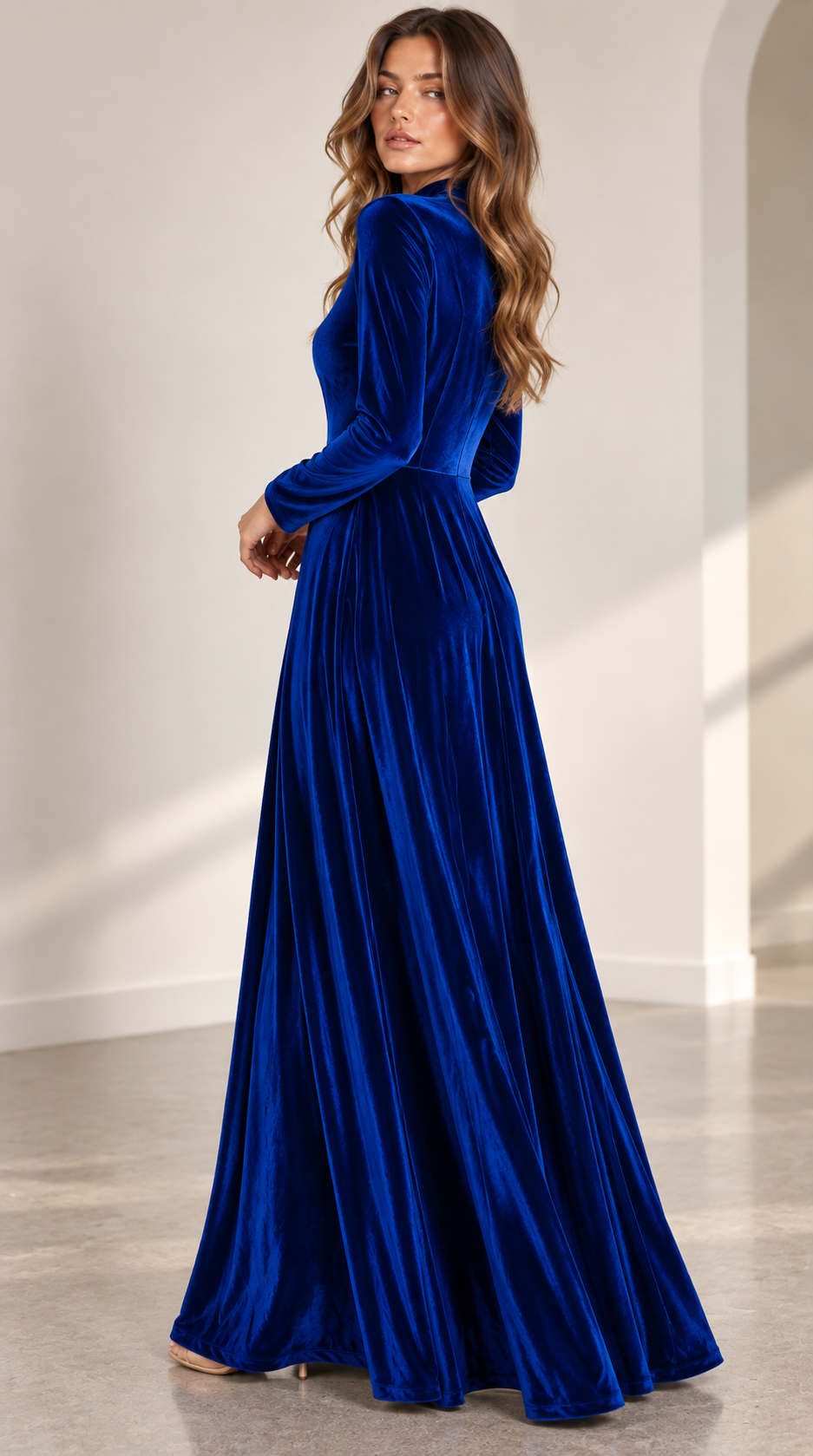 A-Line Long-Sleeve Velvet Midi Wedding Guest Dress