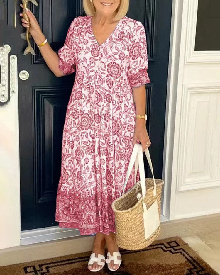 Graceful V-Neck Floral Dress