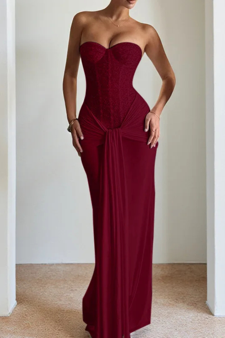 Women's Lace Corset Strapless Draped Wedding Guest Maxi Dress