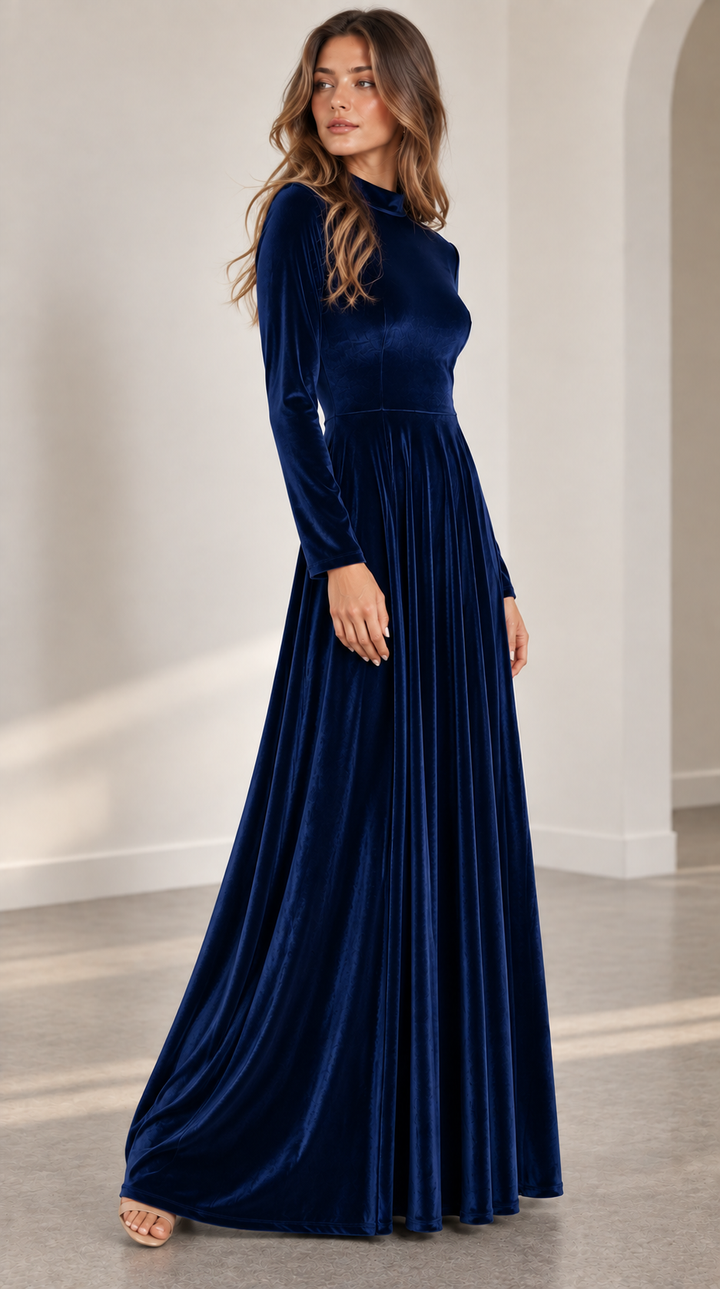 A-Line Long-Sleeve Velvet Midi Wedding Guest Dress