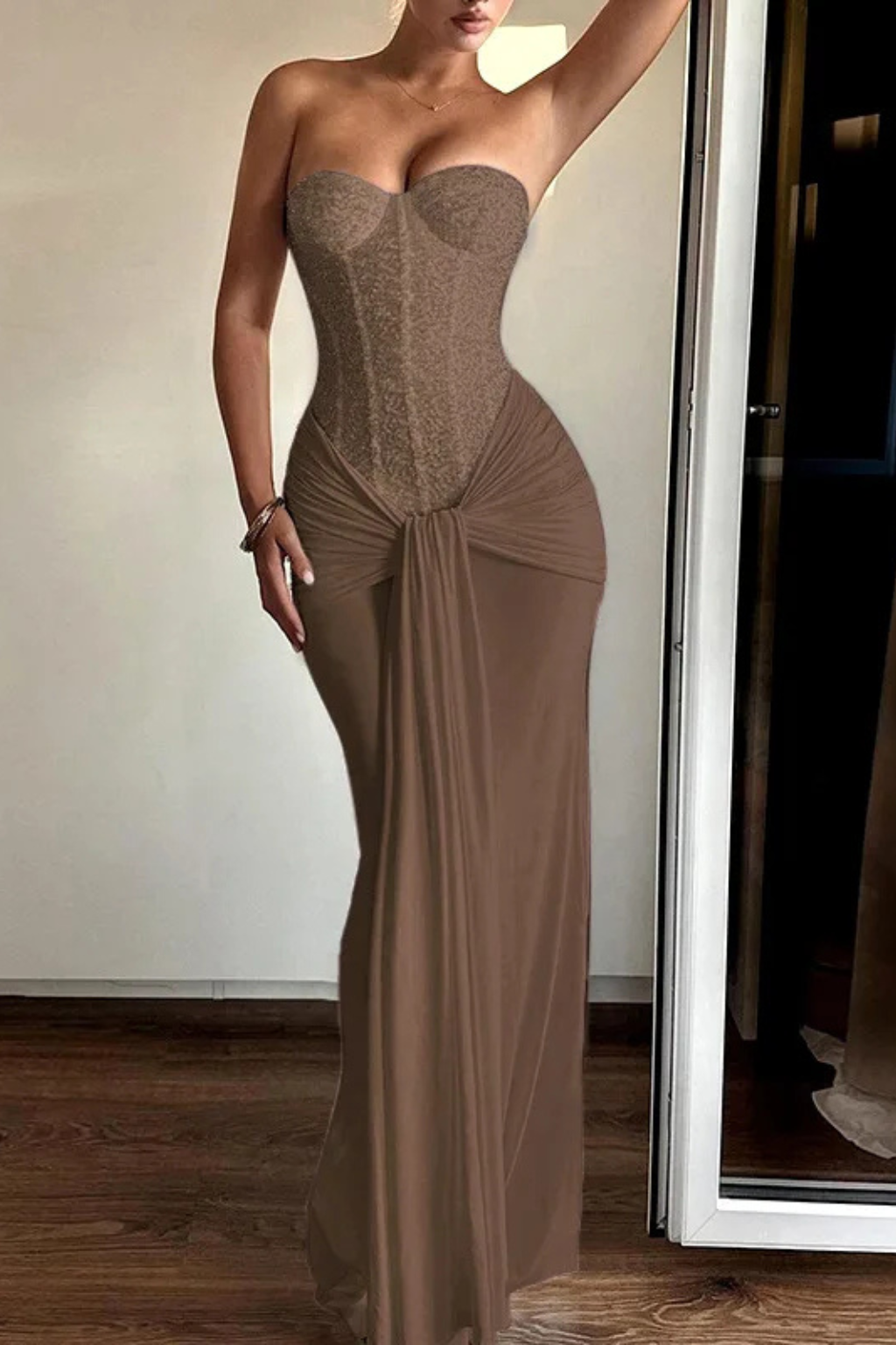 Women's Lace Corset Strapless Draped Wedding Guest Maxi Dress