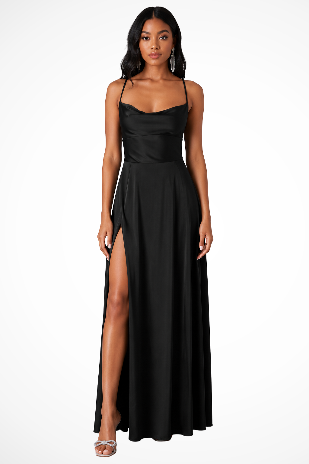 Women Cowl Neck Side Slit Wedding Guest Satin Maxi Dress