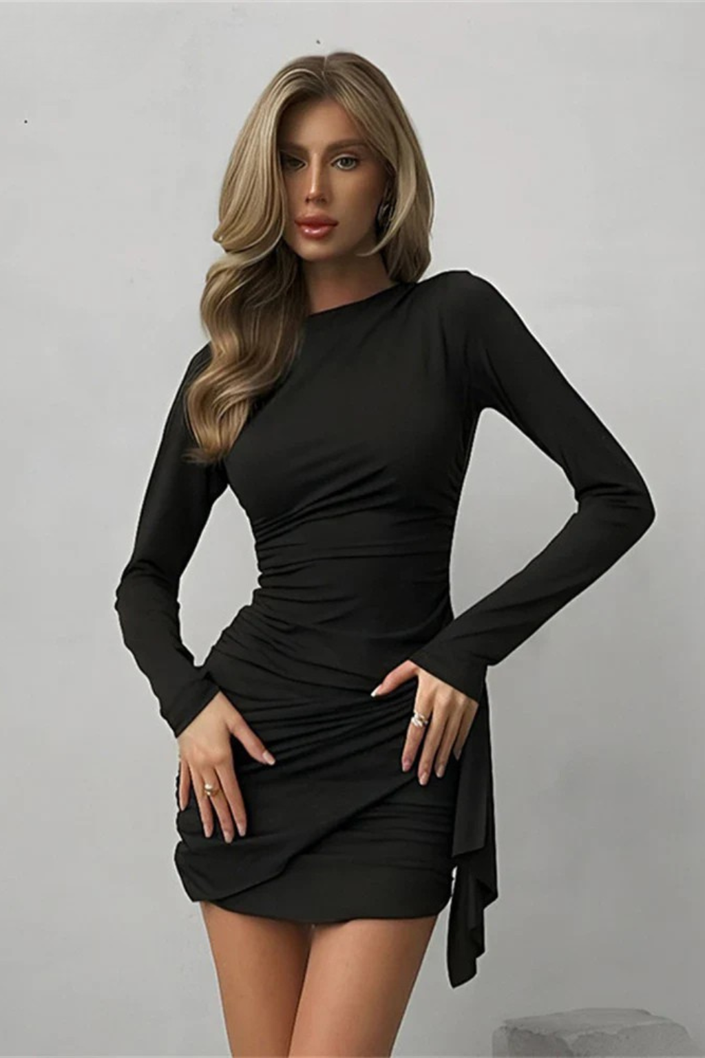 Women's Long Sleeve Ruched Wrap Summer Wedding Guest Mini Dress