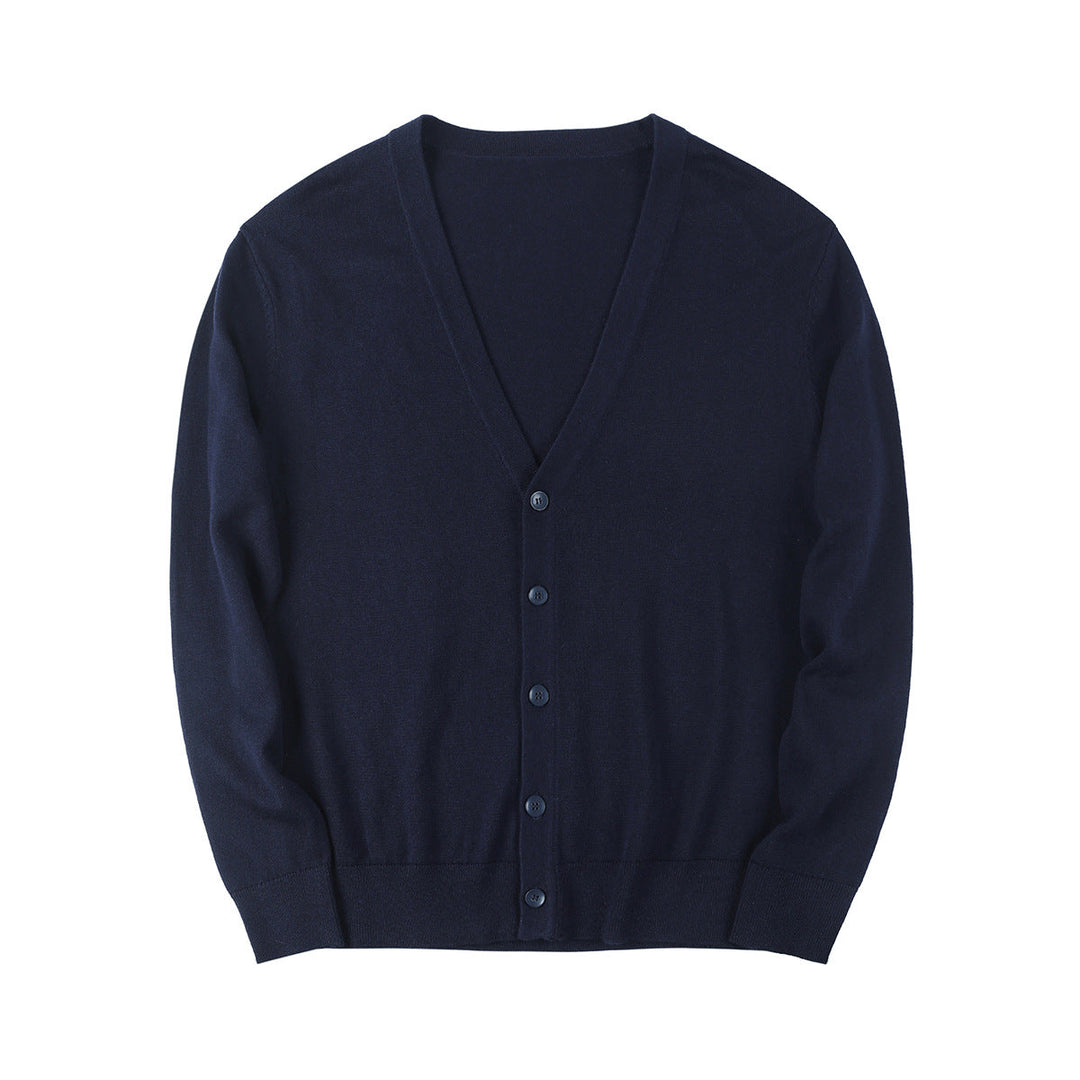 Cardigan blu scuro in lana, con scollo a V e chiusura a bottoni. Elegante e versatile, ideale per look casual e formali. Maglione uomo/donna.