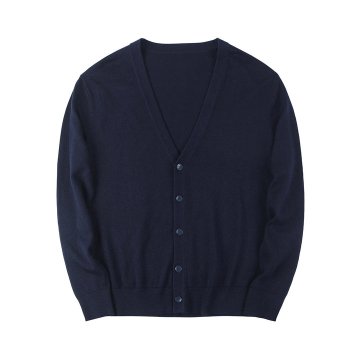 Cardigan blu scuro in lana, con scollo a V e chiusura a bottoni. Elegante e versatile, ideale per look casual e formali. Maglione uomo/donna.