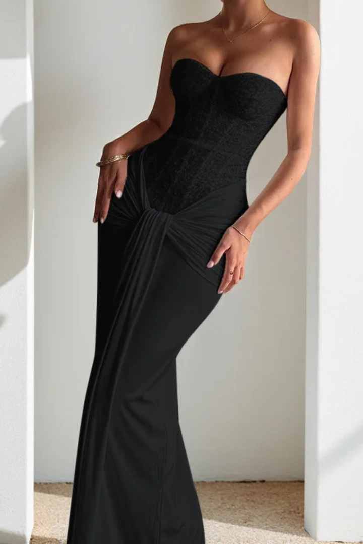Women's Lace Corset Strapless Draped Wedding Guest Maxi Dress