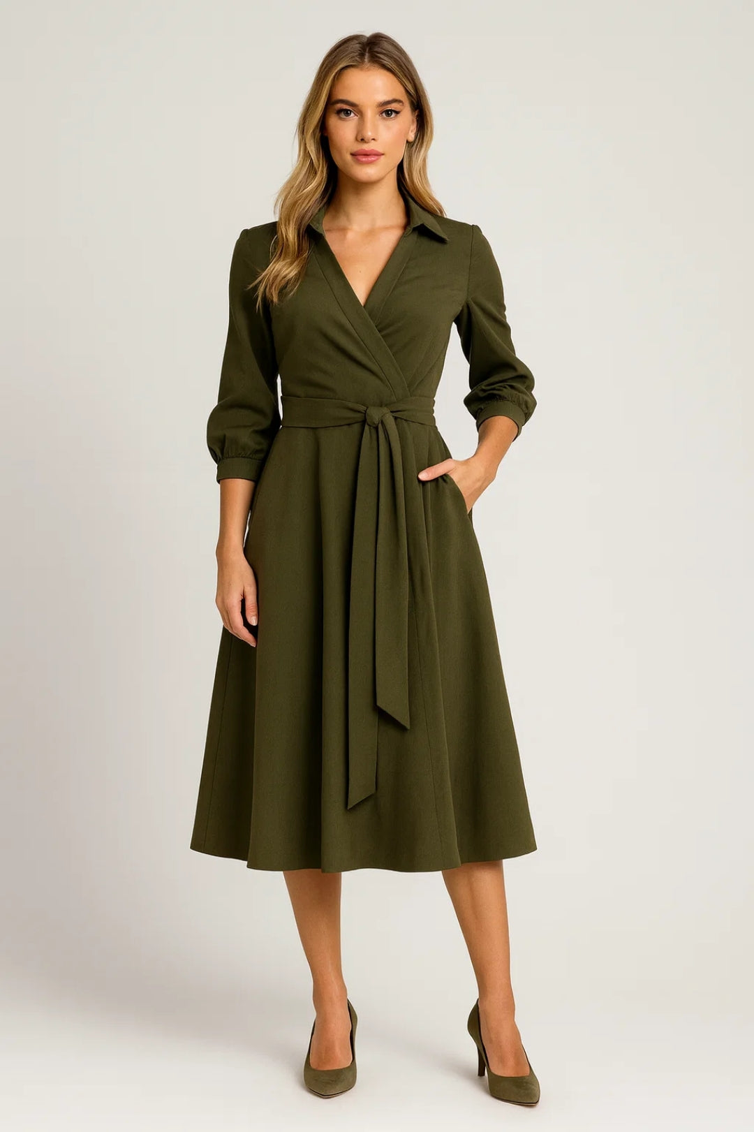 Elegant Women's Midi Wrap Dress with Belt