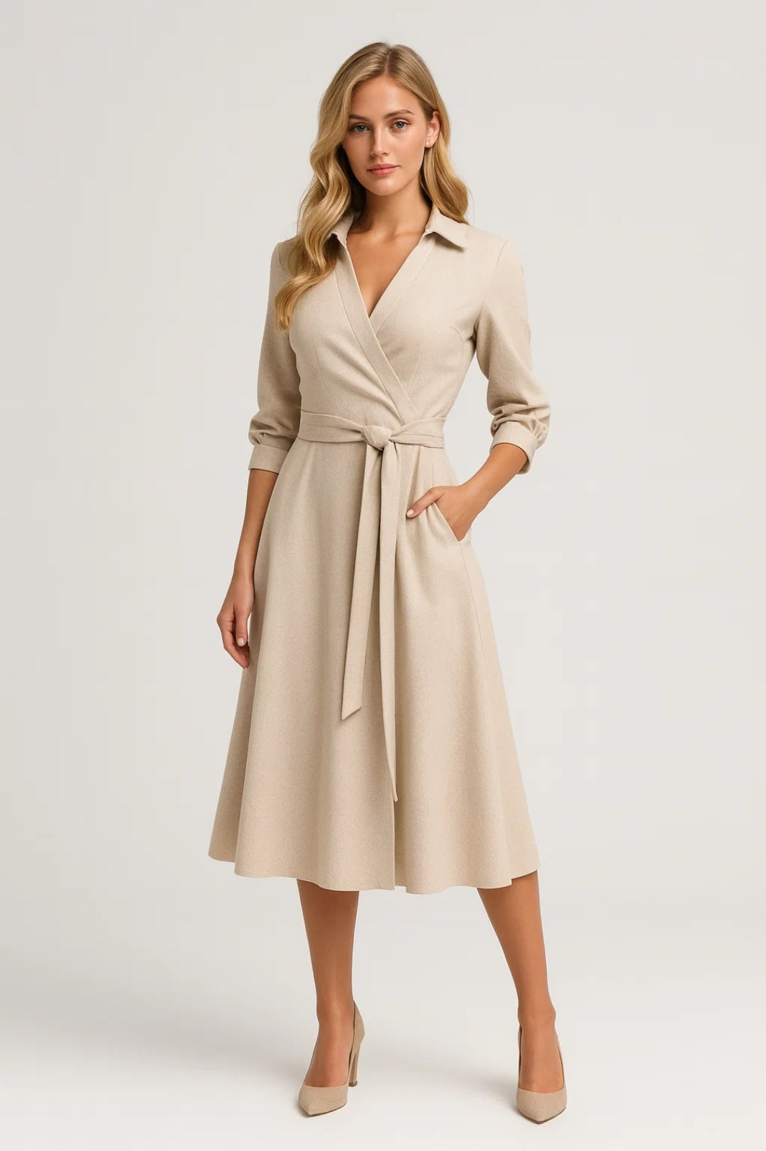 Elegant Women's Midi Wrap Dress with Belt