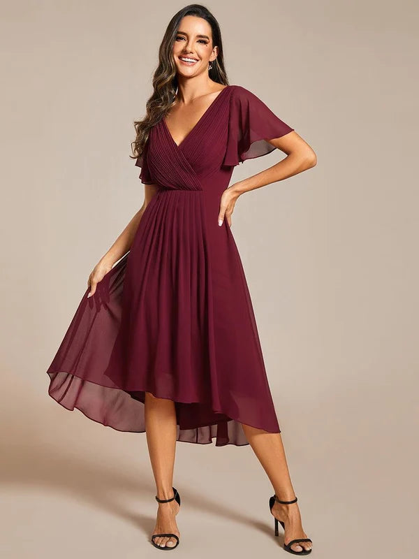 Women's Chiffon Wedding Guest Dress | A-Line Midi Occasion Dress | V-Neck Flowing Silhouette | Cocktail Party Formal Wear