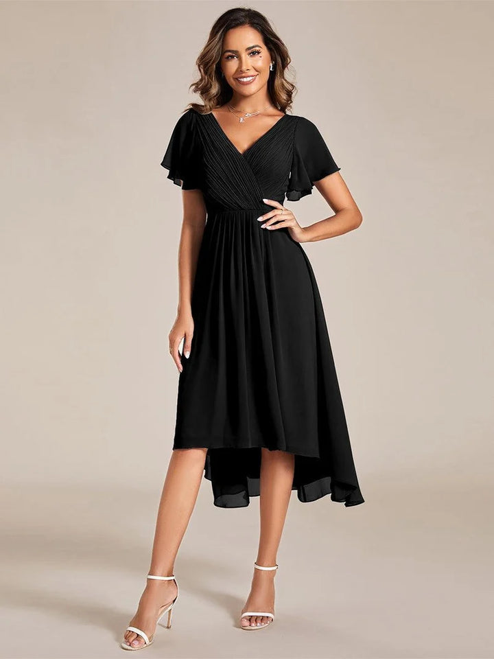 Women's Chiffon Wedding Guest Dress | A-Line Midi Occasion Dress | V-Neck Flowing Silhouette | Cocktail Party Formal Wear