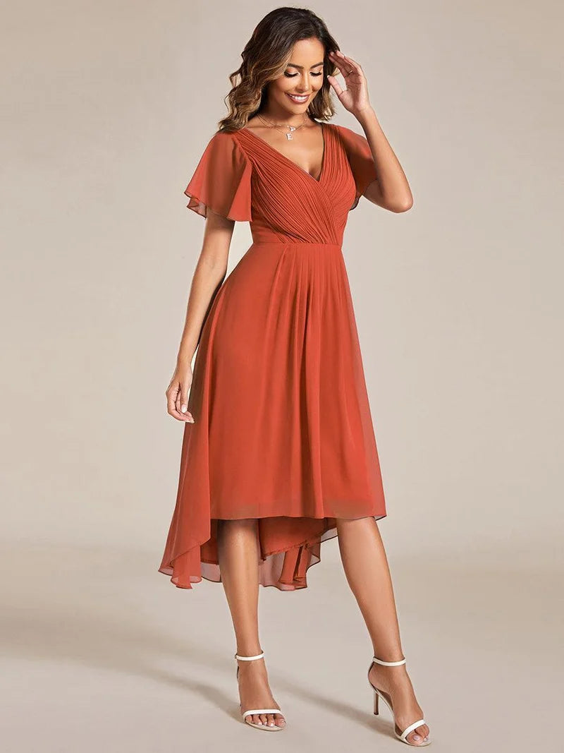Women's Chiffon Wedding Guest Dress | A-Line Midi Occasion Dress | V-Neck Flowing Silhouette | Cocktail Party Formal Wear
