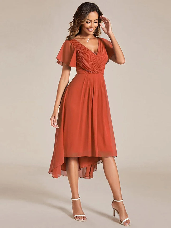 Women's Chiffon Wedding Guest Dress | A-Line Midi Occasion Dress | V-Neck Flowing Silhouette | Cocktail Party Formal Wear