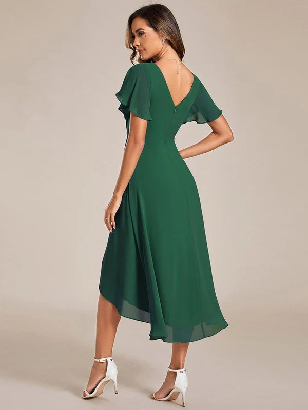 Women's Chiffon Wedding Guest Dress | A-Line Midi Occasion Dress | V-Neck Flowing Silhouette | Cocktail Party Formal Wear