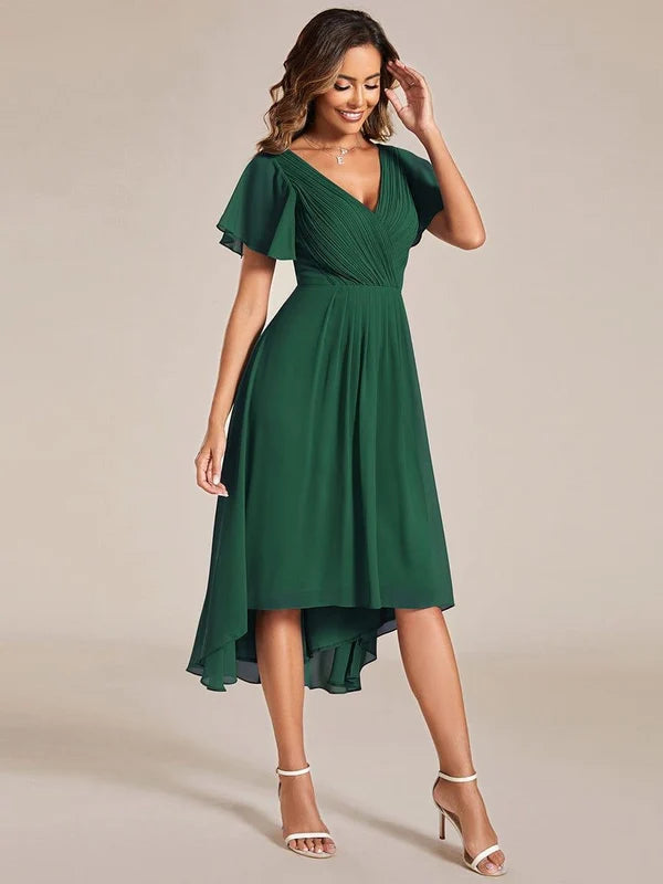 Women's Chiffon Wedding Guest Dress | A-Line Midi Occasion Dress | V-Neck Flowing Silhouette | Cocktail Party Formal Wear