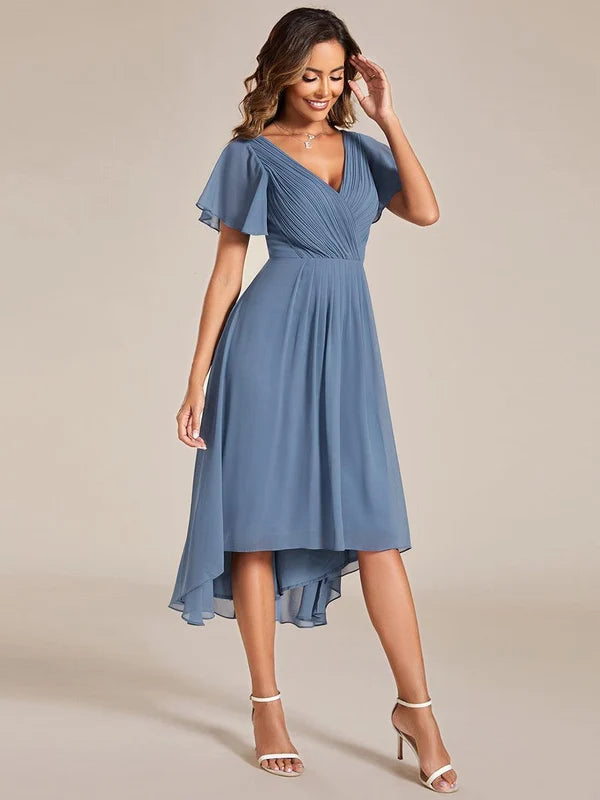 Women's Chiffon Wedding Guest Dress | A-Line Midi Occasion Dress | V-Neck Flowing Silhouette | Cocktail Party Formal Wear