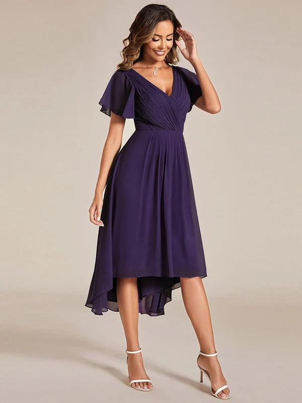 Women's Chiffon Wedding Guest Dress | A-Line Midi Occasion Dress | V-Neck Flowing Silhouette | Cocktail Party Formal Wear