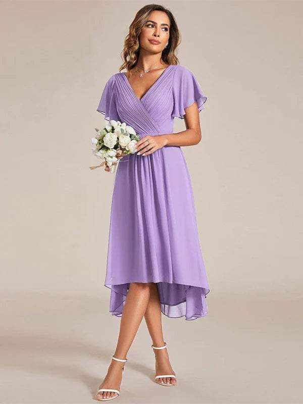 Women's Chiffon Wedding Guest Dress | A-Line Midi Occasion Dress | V-Neck Flowing Silhouette | Cocktail Party Formal Wear
