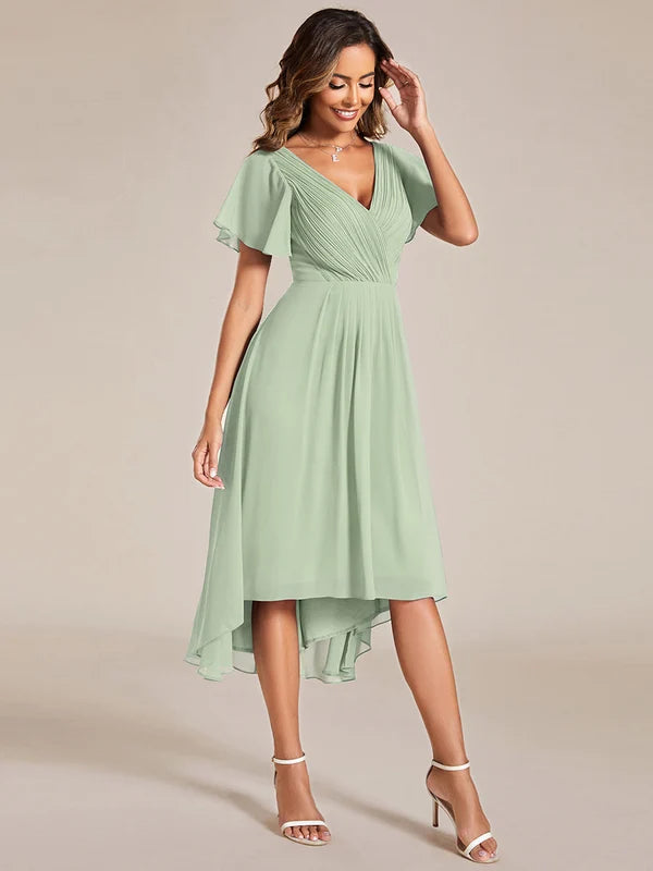 Women's Chiffon Wedding Guest Dress | A-Line Midi Occasion Dress | V-Neck Flowing Silhouette | Cocktail Party Formal Wear