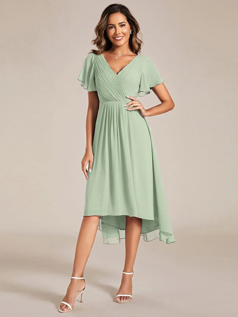 Women's Chiffon Wedding Guest Dress | A-Line Midi Occasion Dress | V-Neck Flowing Silhouette | Cocktail Party Formal Wear