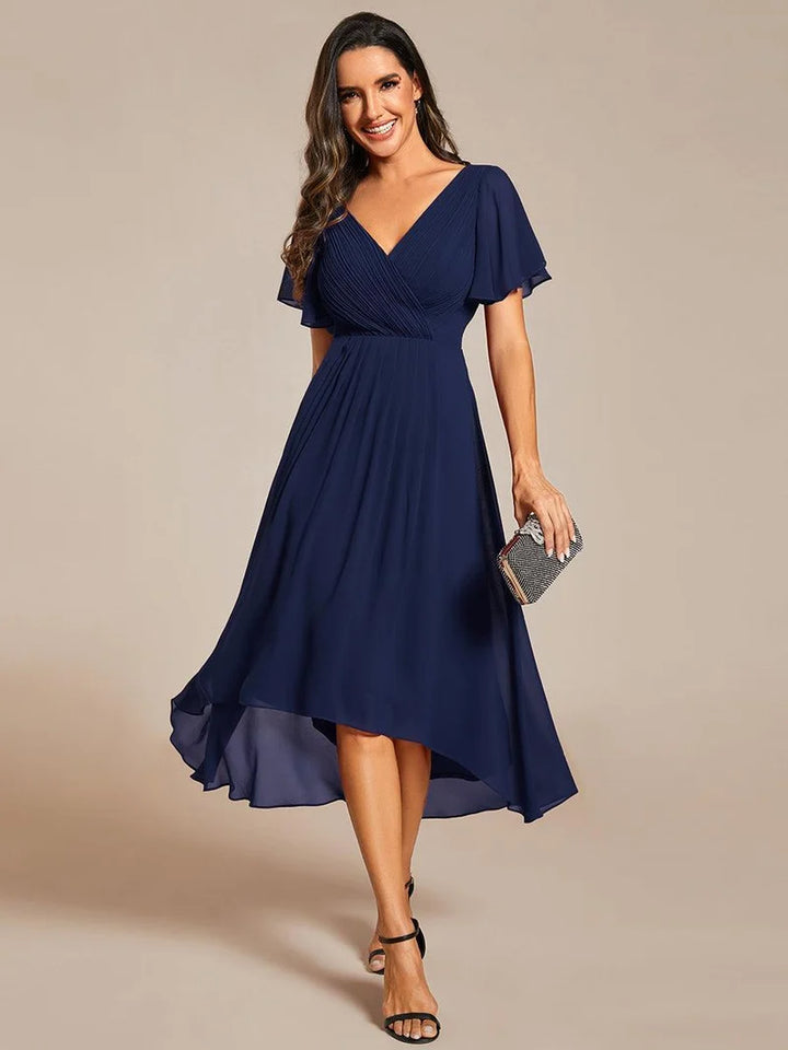 Women's Chiffon Wedding Guest Dress | A-Line Midi Occasion Dress | V-Neck Flowing Silhouette | Cocktail Party Formal Wear