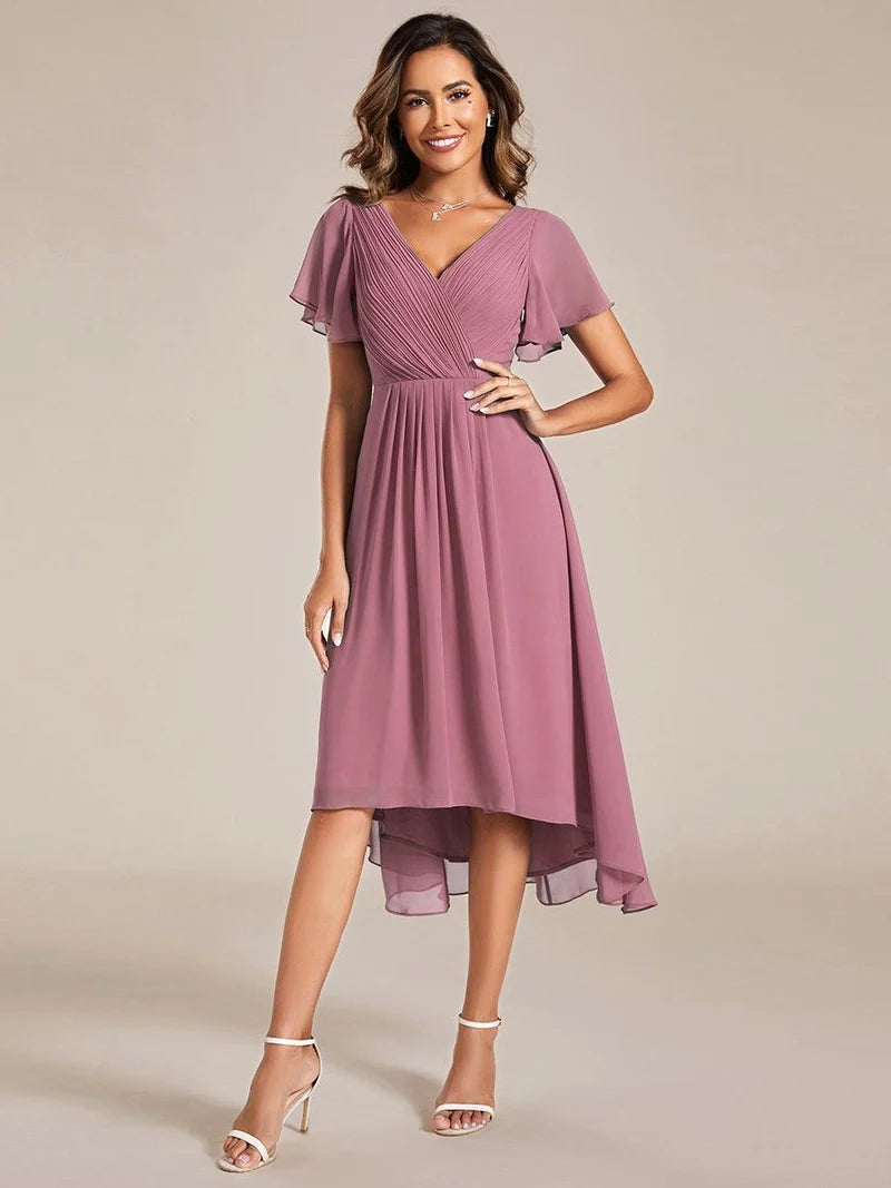Women's Chiffon Wedding Guest Dress | A-Line Midi Occasion Dress | V-Neck Flowing Silhouette | Cocktail Party Formal Wear